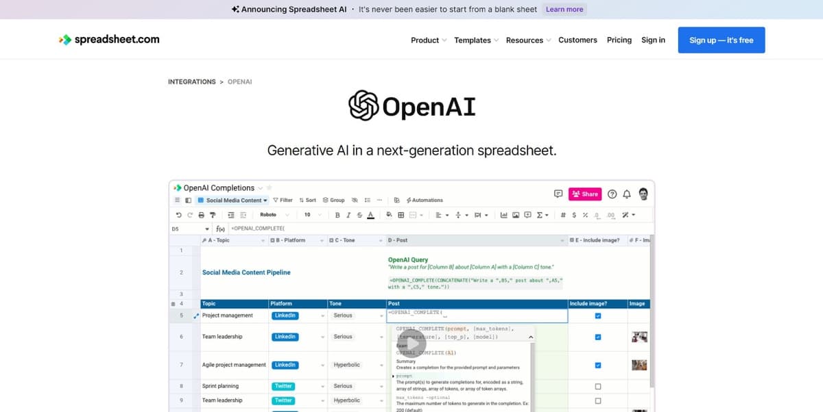 OpenAI in Spreadsheet